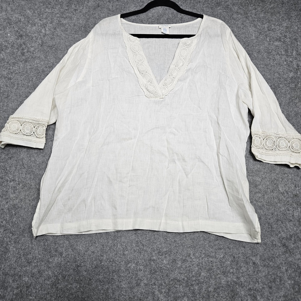 Sigrid Olsen Linen XXL‎ White V Neck Beachy Tunic Boho Embroidered Airy Coastal